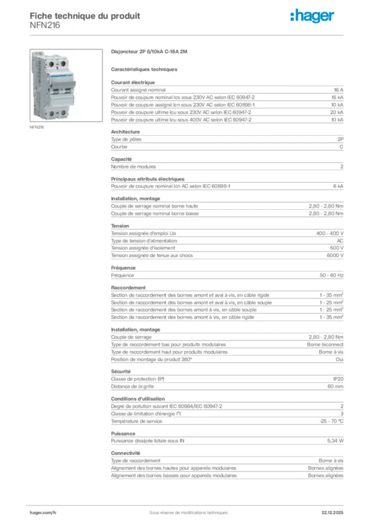 Image Hager Fiche technique du produit NFN216 | Hager France