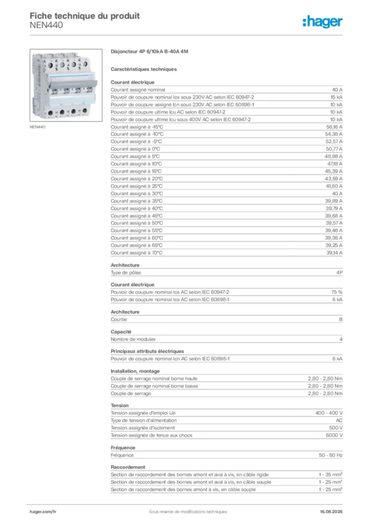 Image Hager Fiche technique du produit NEN440 | Hager France