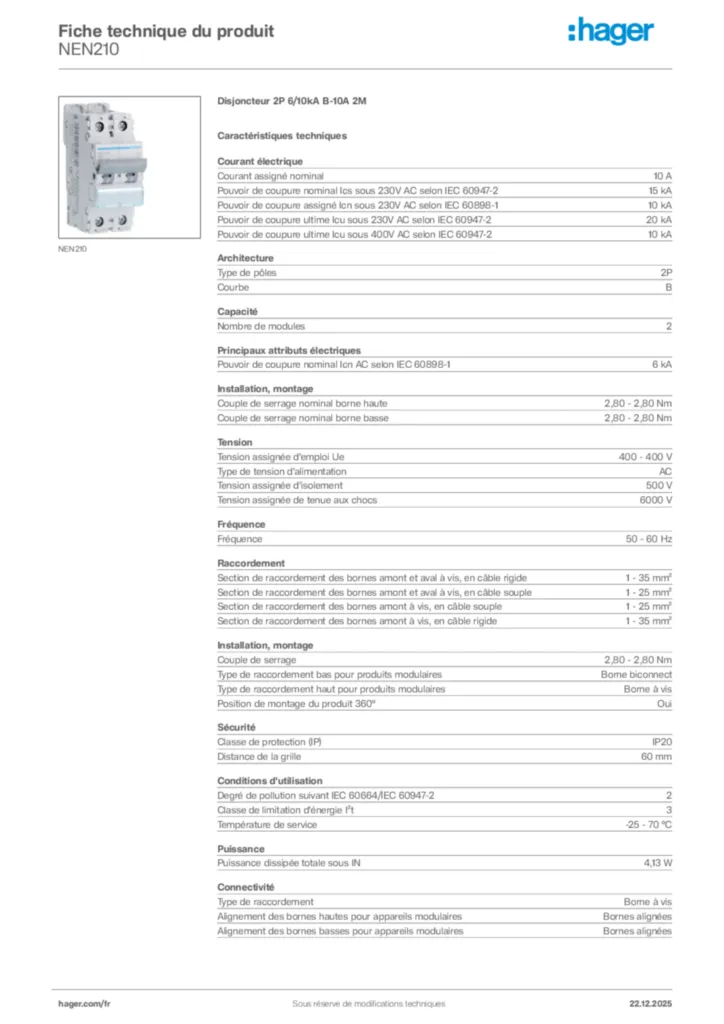 Image Hager Fiche technique du produit NEN210 | Hager France