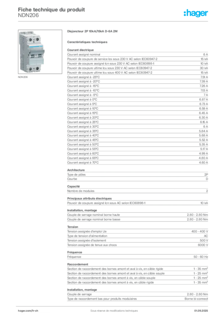 Image Hager Fiche technique du produit NDN206 | Hager Suisse