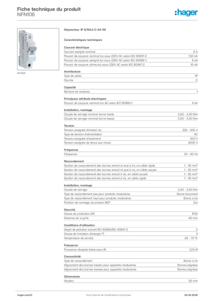Image Hager Fiche technique du produit NFN106 | Hager France