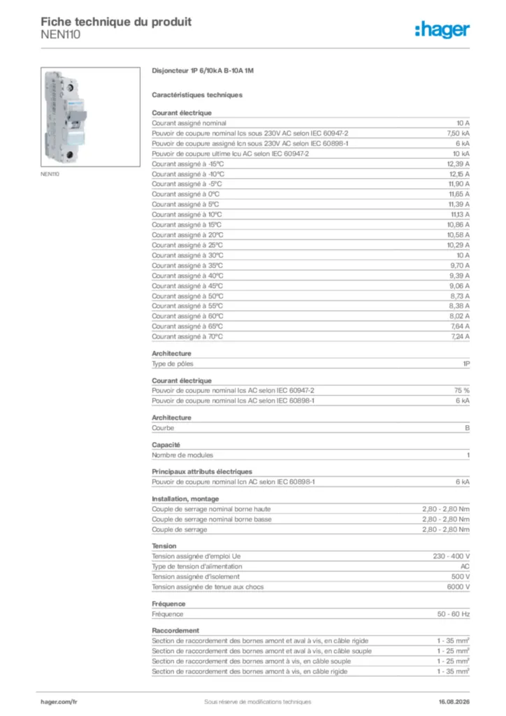 Image Hager Fiche technique du produit NEN110 | Hager France