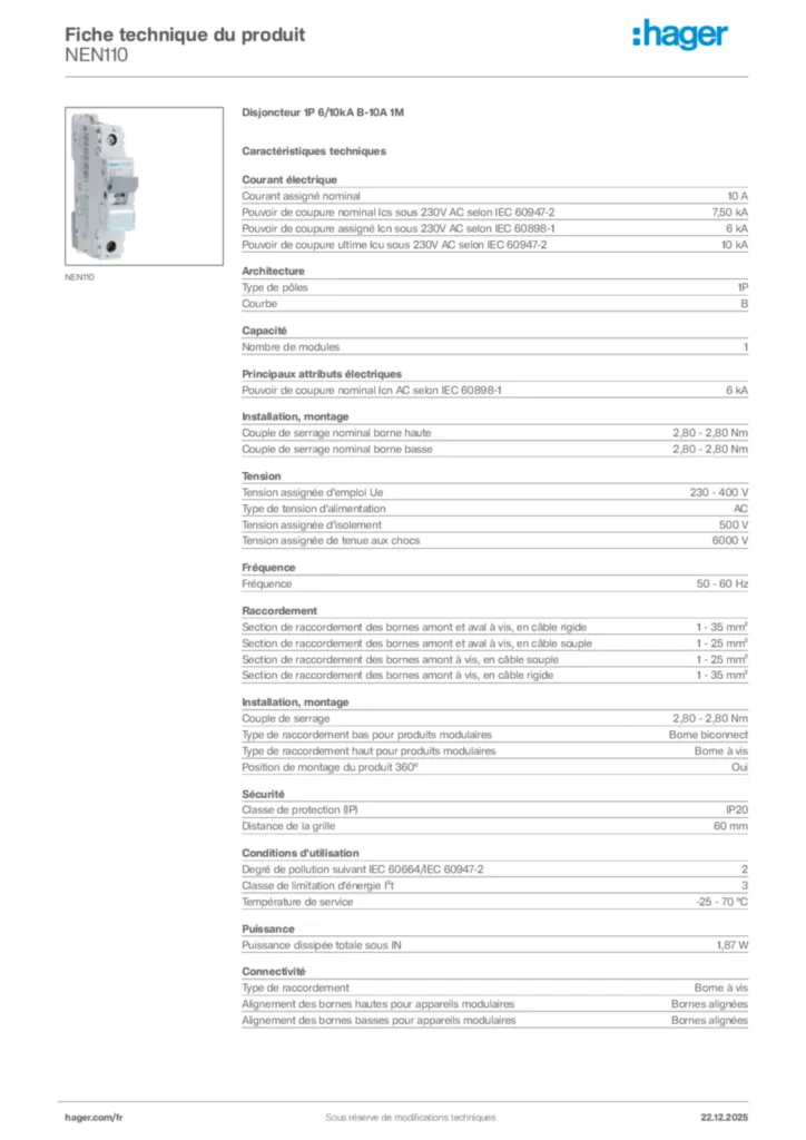 Image Hager Fiche technique du produit NEN110 | Hager France