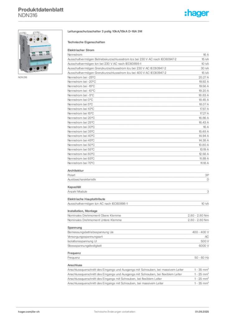 Bild Hager Produktdatenblatt NDN316 | Hager Schweiz