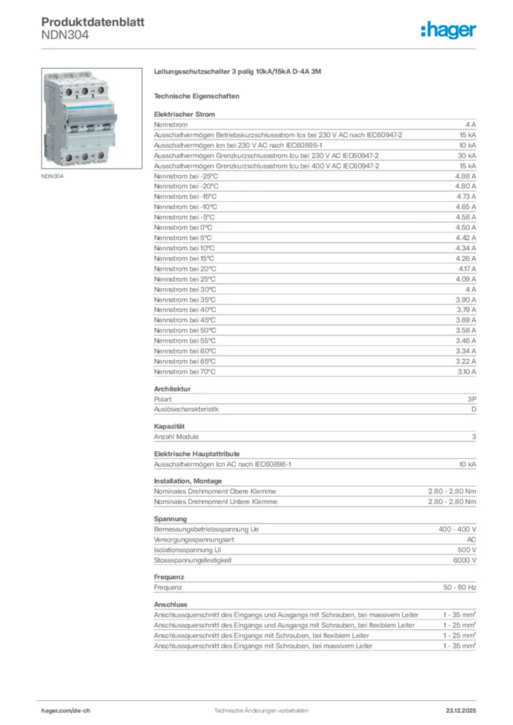 Bild Hager Produktdatenblatt NDN304 | Hager Schweiz