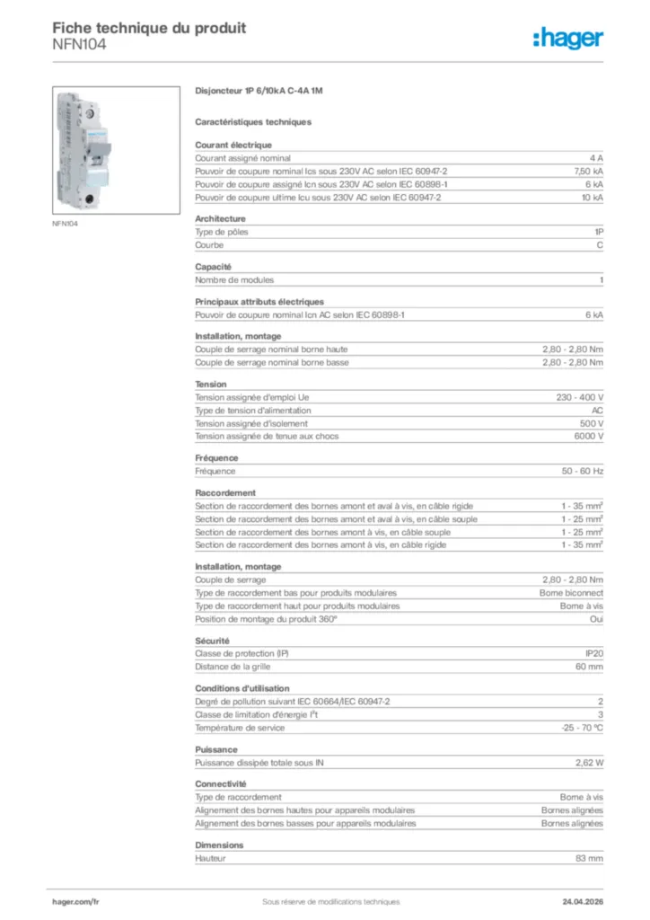 Image Hager Fiche technique du produit NFN104 | Hager France
