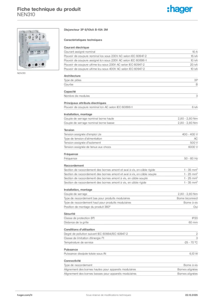 Image Hager Fiche technique du produit NEN310 | Hager France