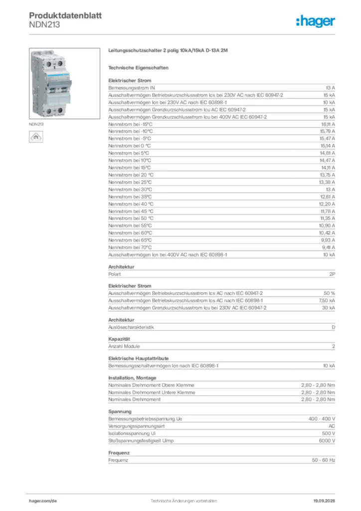 Bild Hager Produktdatenblatt NDN213 | Hager Deutschland