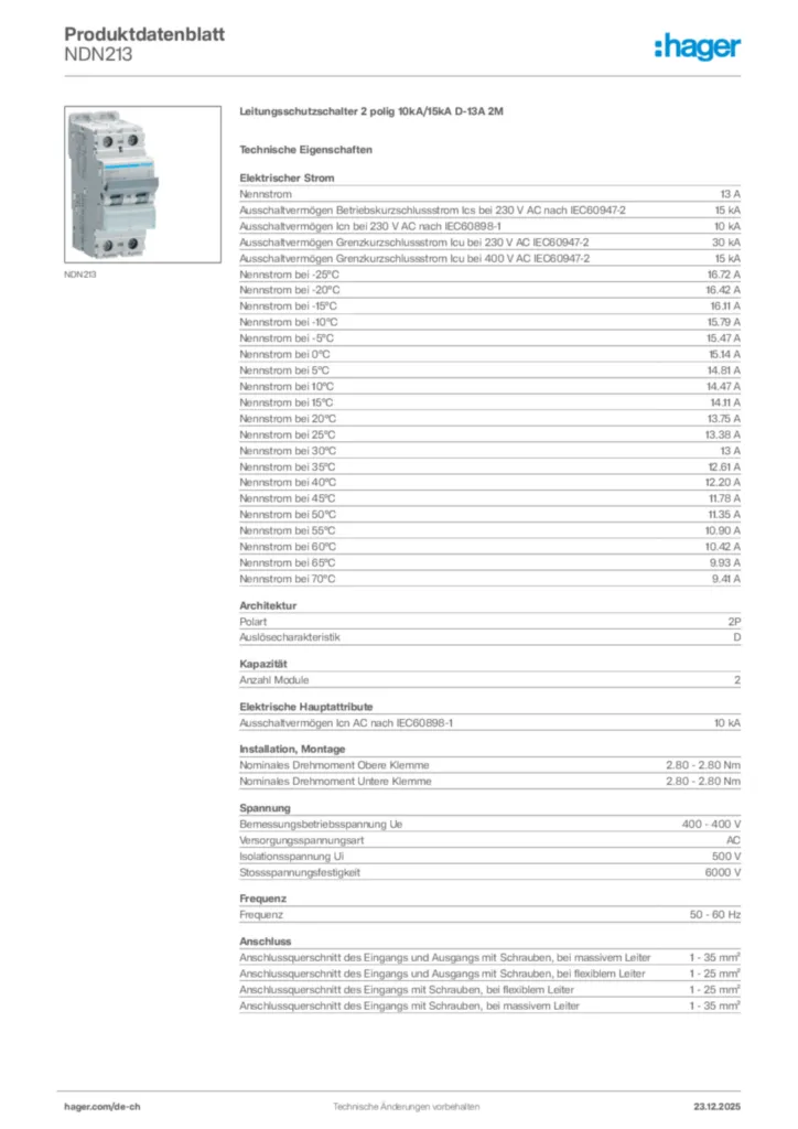 Bild Hager Produktdatenblatt NDN213 | Hager Schweiz