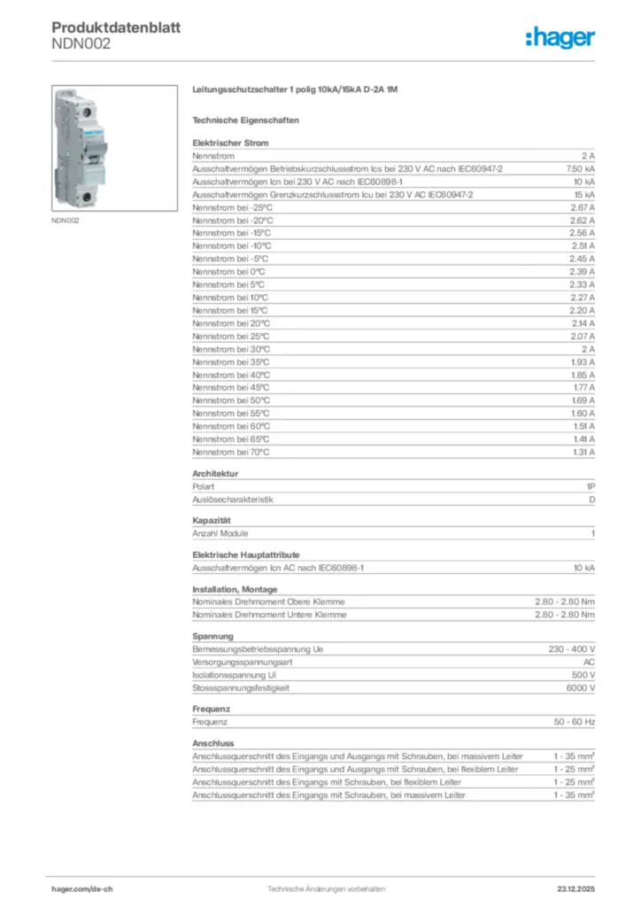 Bild Hager Produktdatenblatt NDN002 | Hager Schweiz