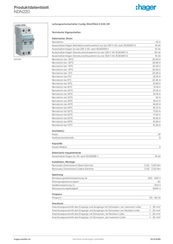 Bild Hager Produktdatenblatt NDN220 | Hager Schweiz