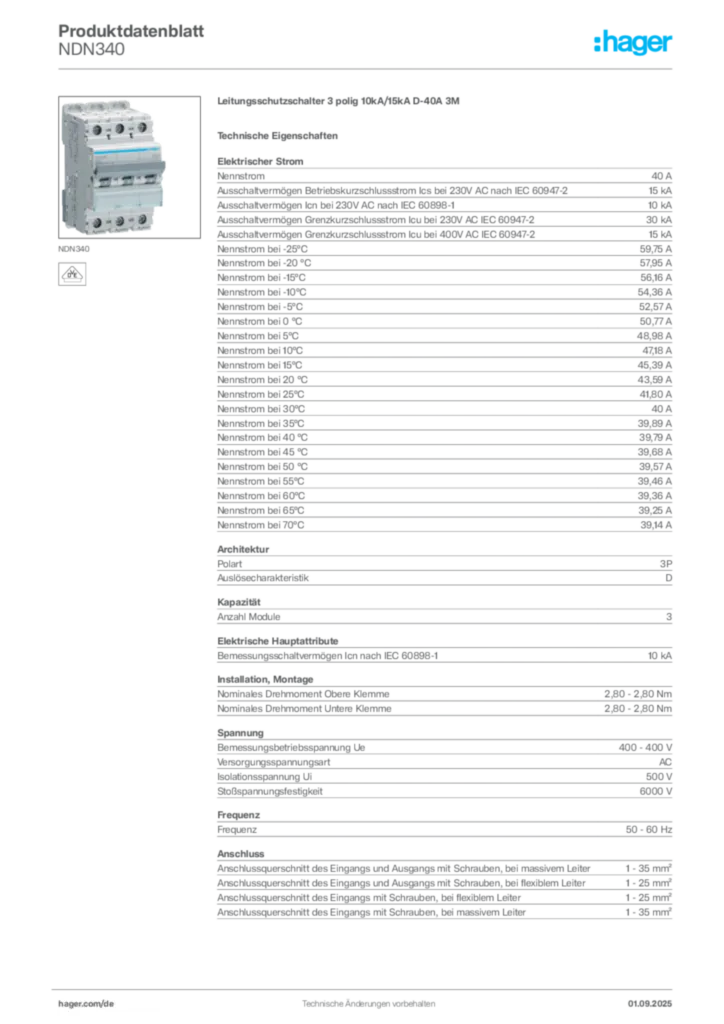 Bild Hager Produktdatenblatt NDN340 | Hager Deutschland