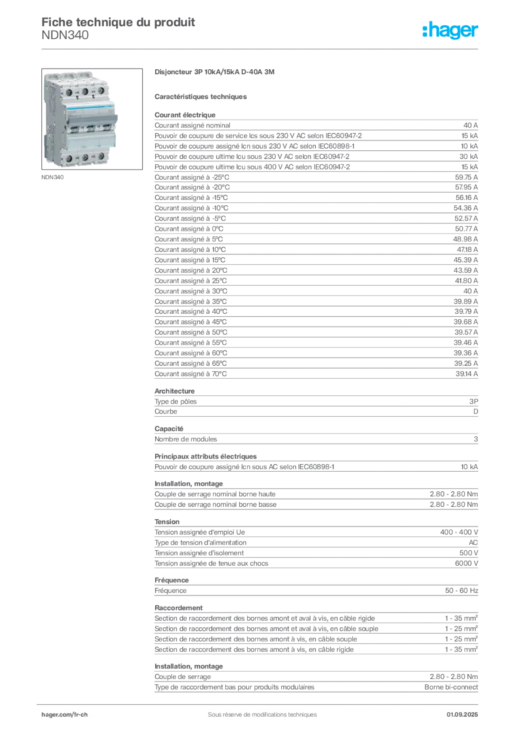 Image Hager Fiche technique du produit NDN340 | Hager Suisse