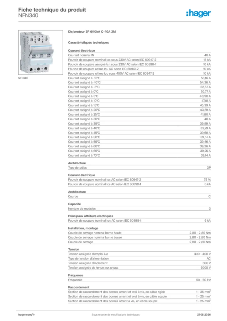Image Hager Fiche technique du produit NFN340 | Hager France