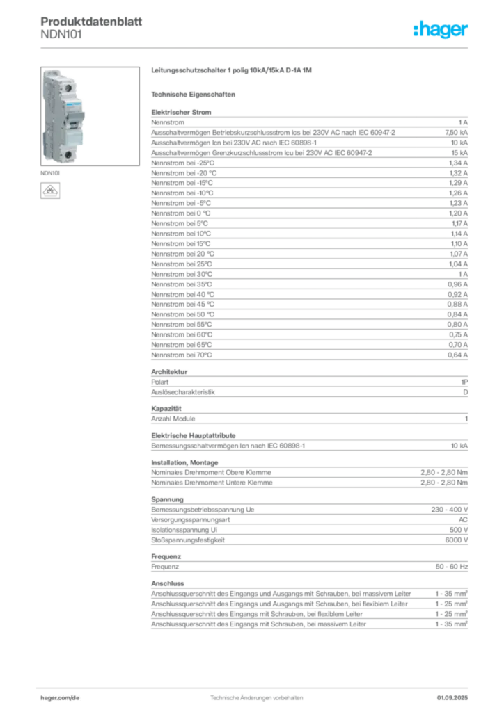 Bild Hager Produktdatenblatt NDN101 | Hager Deutschland