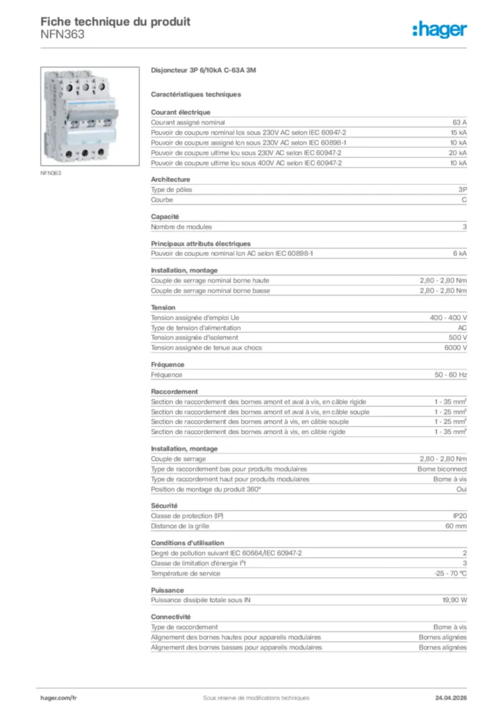 Image Hager Fiche technique du produit NFN363 | Hager France