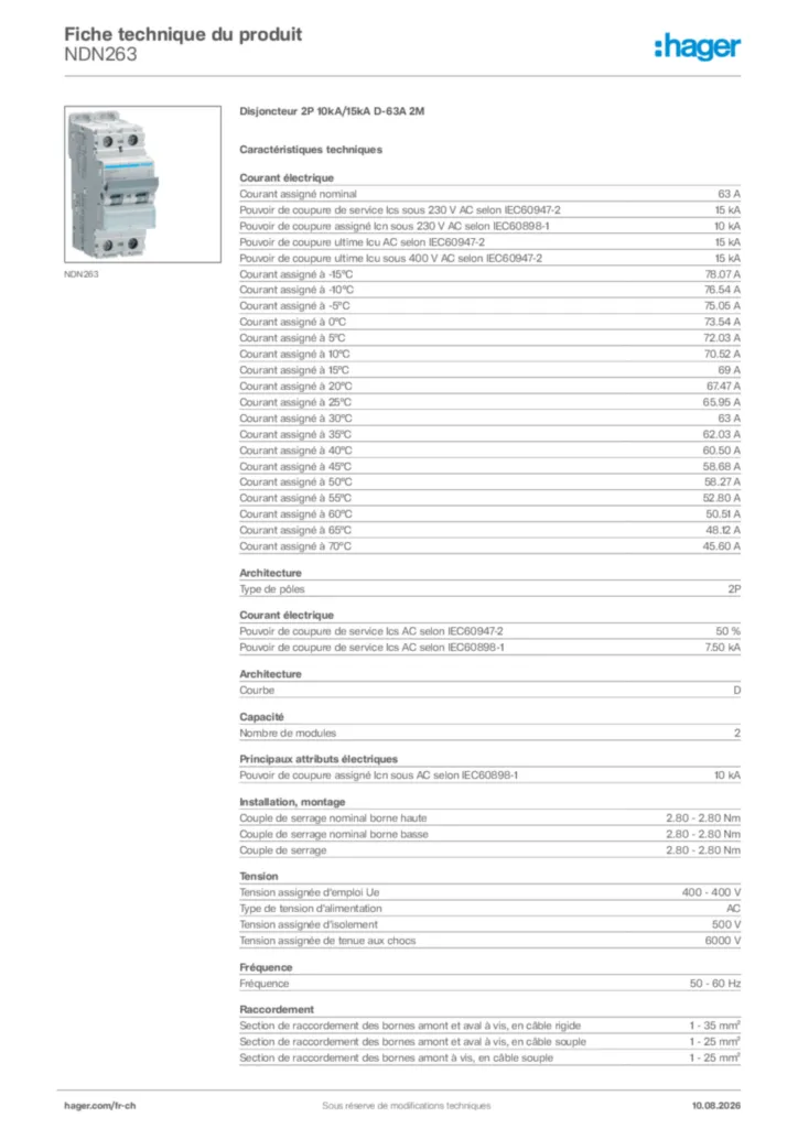 Image Hager Fiche technique du produit NDN263 | Hager Suisse