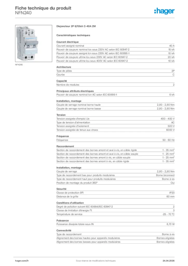 Image Hager Fiche technique du produit NFN240 | Hager France