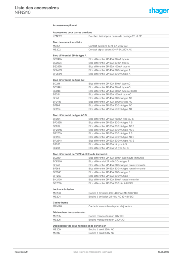 Image Hager Fiche technique du produit NFN240 | Hager France