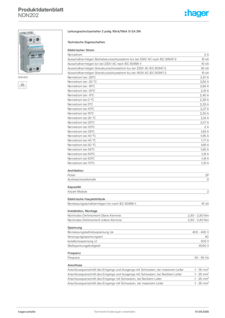 Bild Hager Produktdatenblatt NDN202 | Hager Deutschland