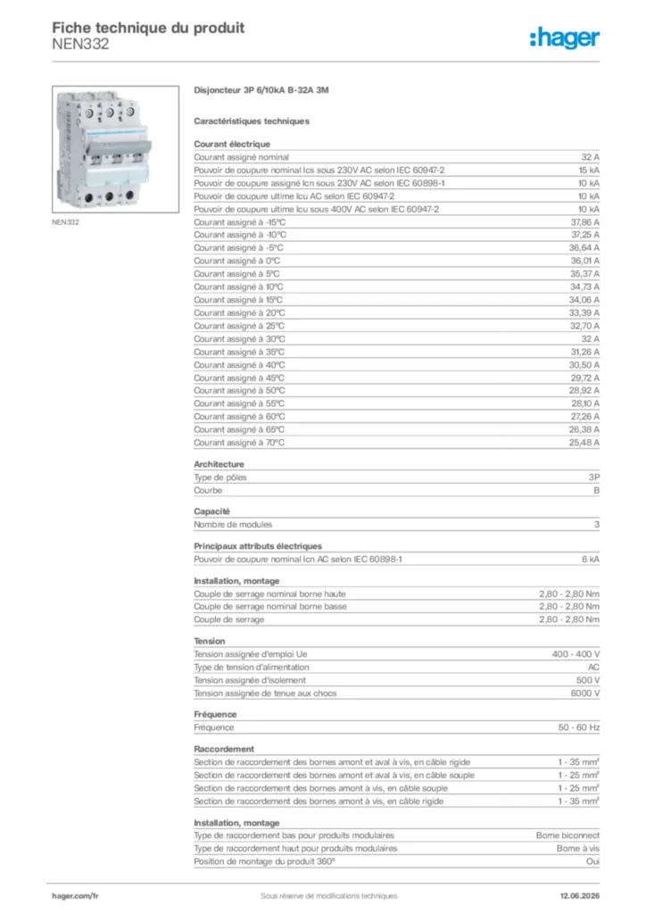 Image Hager Fiche technique du produit NEN332 | Hager France