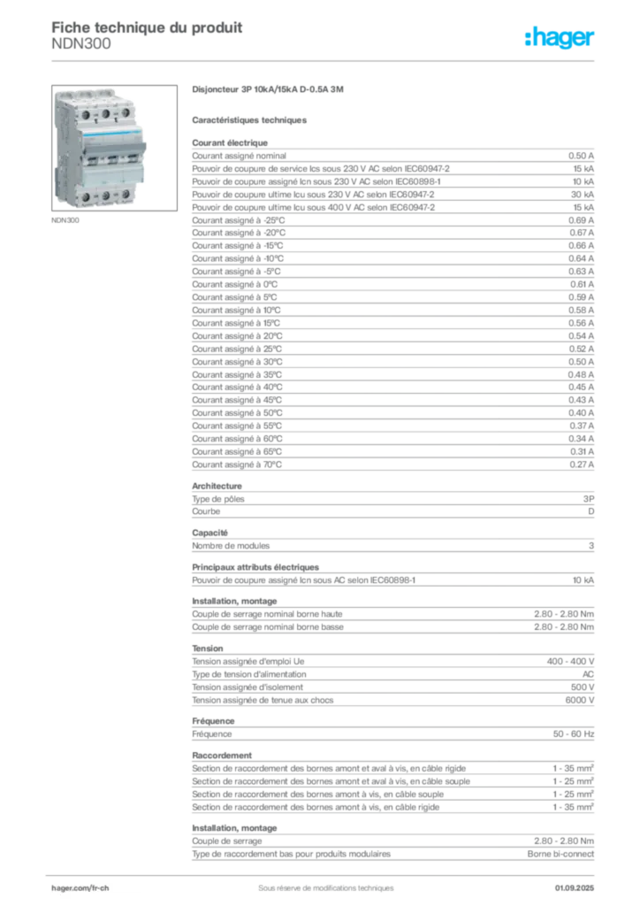 Image Hager Fiche technique du produit NDN300 | Hager Suisse