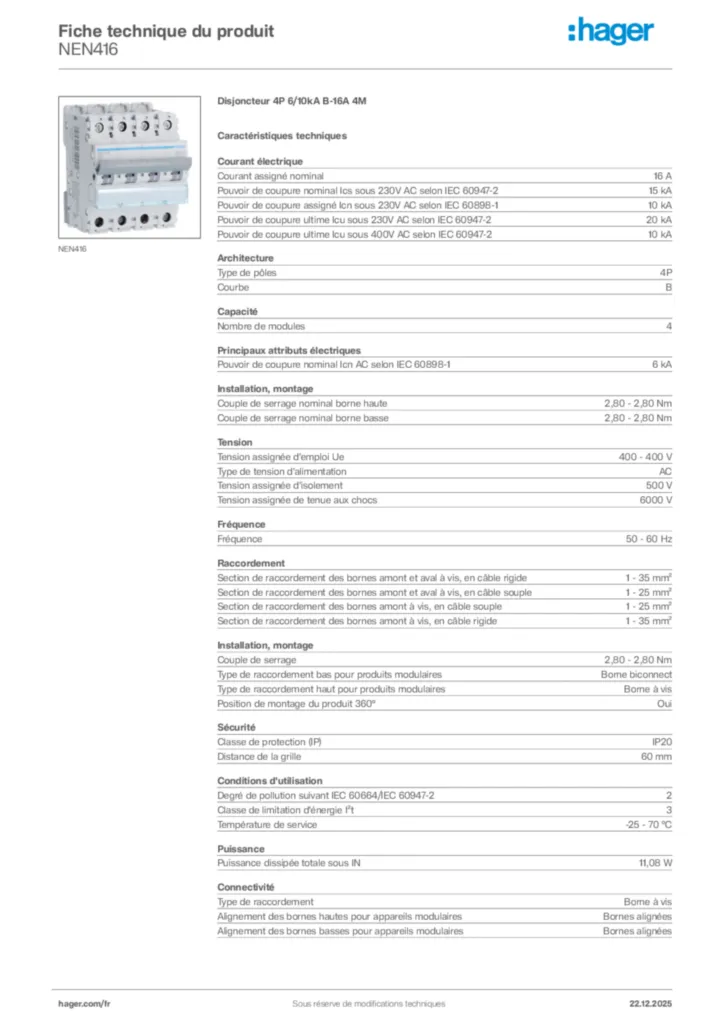Image Hager Fiche technique du produit NEN416 | Hager France