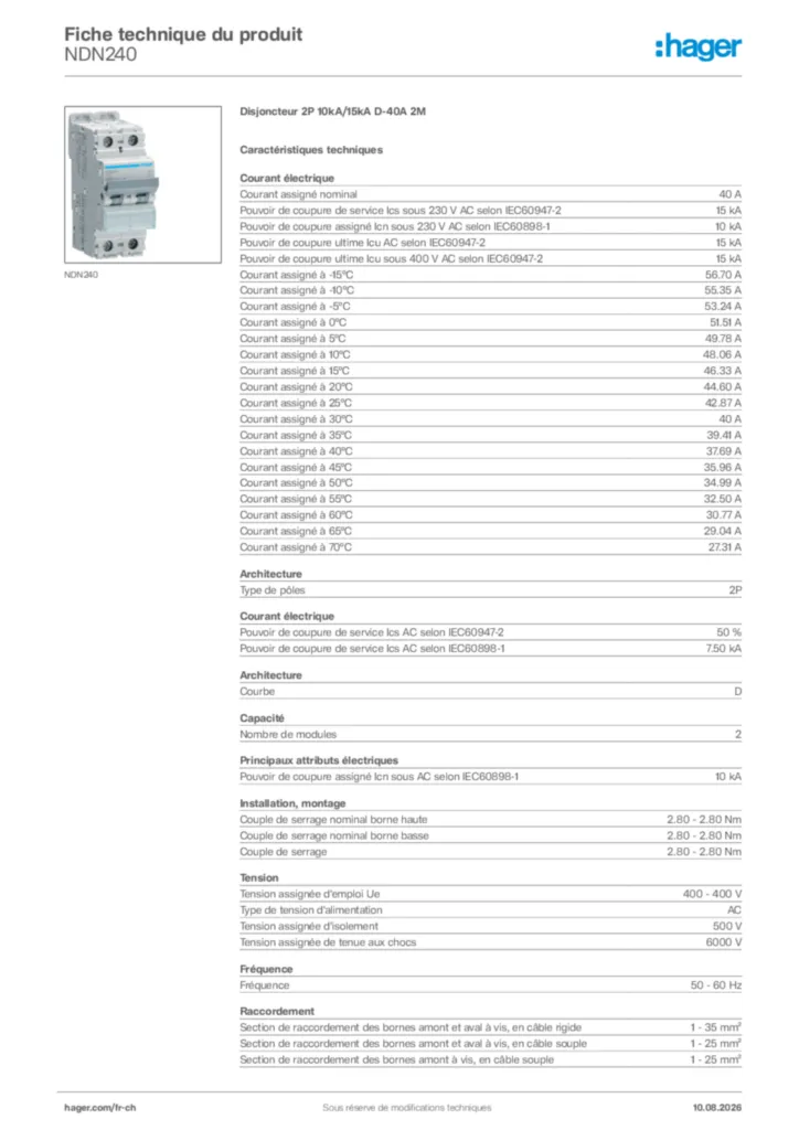 Image Hager Fiche technique du produit NDN240 | Hager Suisse