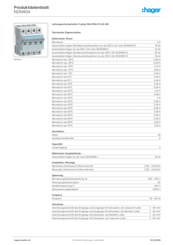 Bild Hager Produktdatenblatt NDN404 | Hager Schweiz