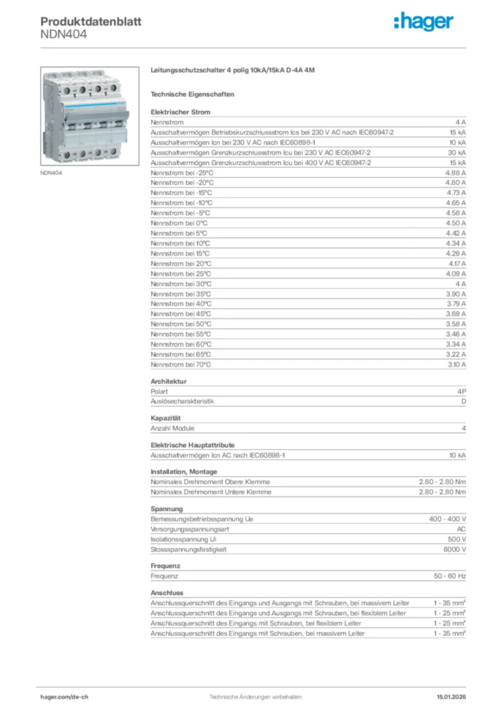 Bild Hager Produktdatenblatt NDN404 | Hager Schweiz