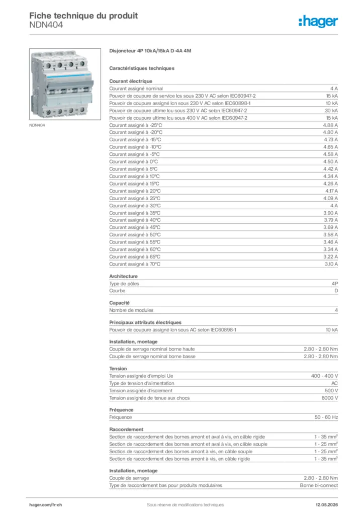 Image Hager Fiche technique du produit NDN404 | Hager Suisse