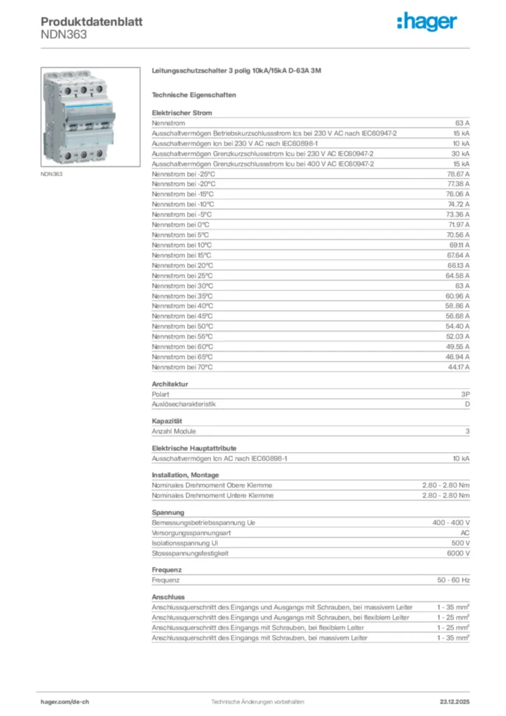Bild Hager Produktdatenblatt NDN363 | Hager Schweiz