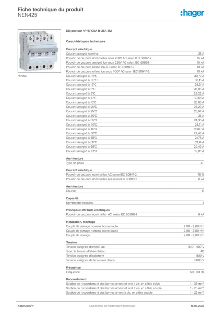 Image Hager Fiche technique du produit NEN425 | Hager France