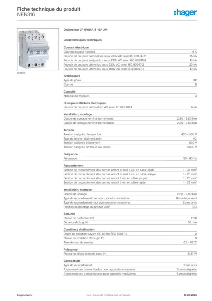 Image Hager Fiche technique du produit NEN316 | Hager France