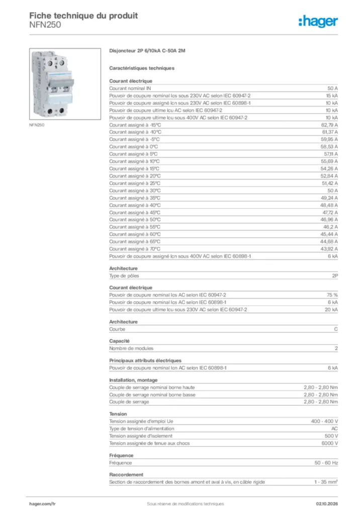 Image Hager Fiche technique du produit NFN250 | Hager France