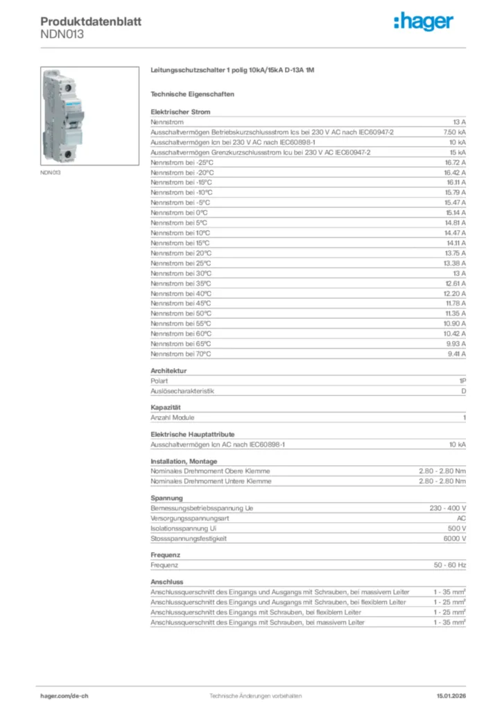 Bild Hager Produktdatenblatt NDN013 | Hager Schweiz