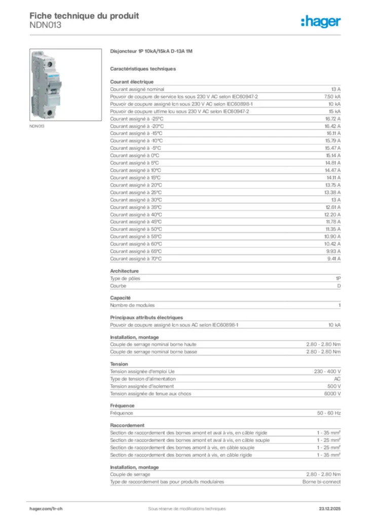 Image Hager Fiche technique du produit NDN013 | Hager Suisse