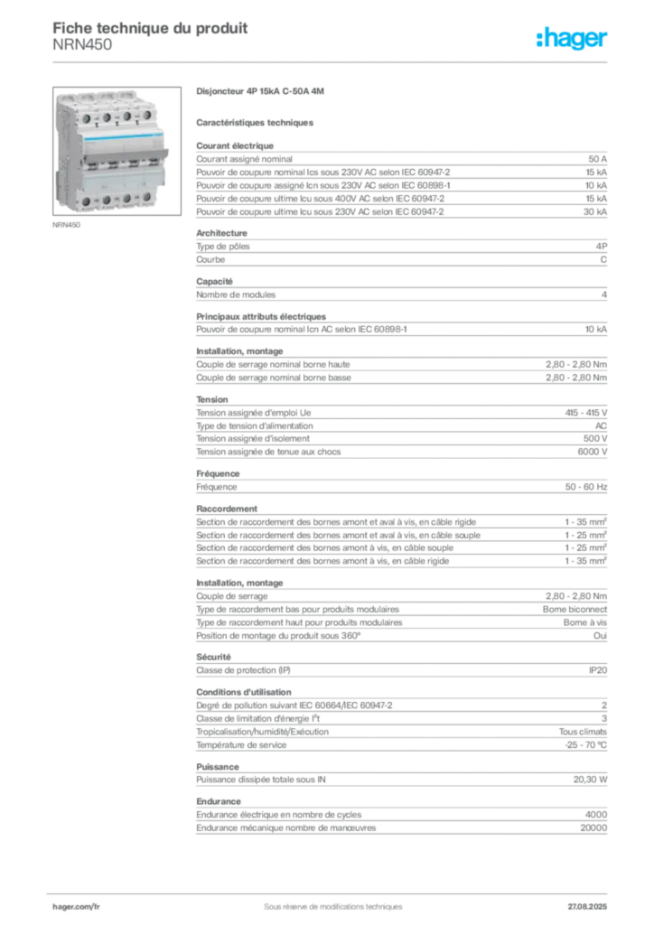 Image Hager Fiche technique du produit NRN450 | Hager France
