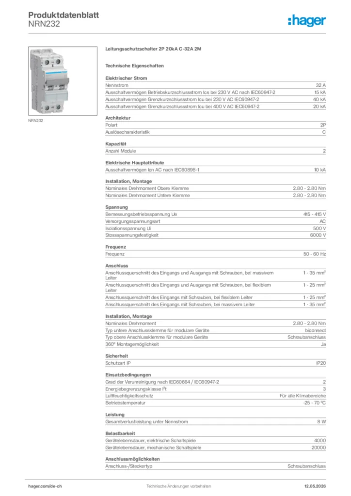 Bild Hager Produktdatenblatt NRN232 | Hager Schweiz