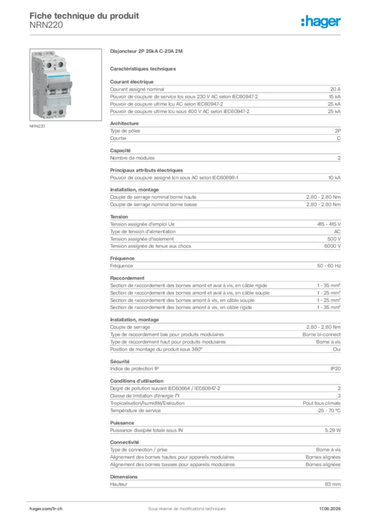 Image Hager Fiche technique du produit NRN220 | Hager Suisse