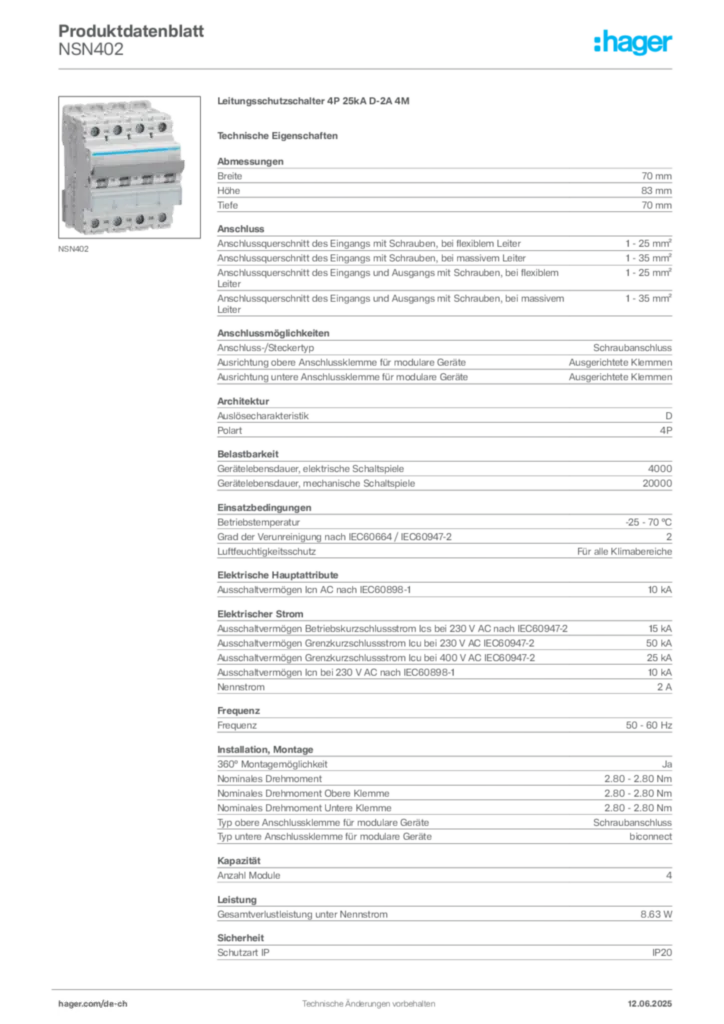 Bild Hager Produktdatenblatt NSN402 | Hager Schweiz