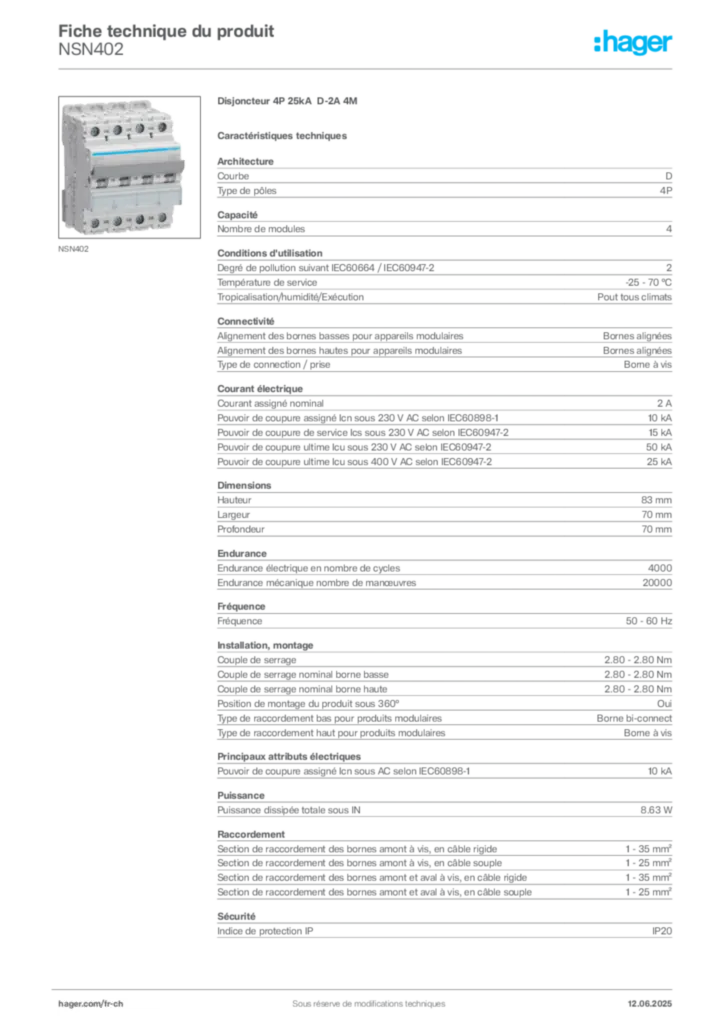Image Hager Fiche technique du produit NSN402 | Hager Suisse