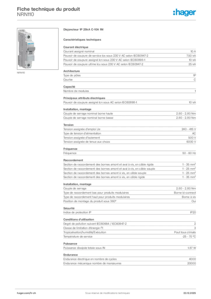 Image Hager Fiche technique du produit NRN110 | Hager Suisse