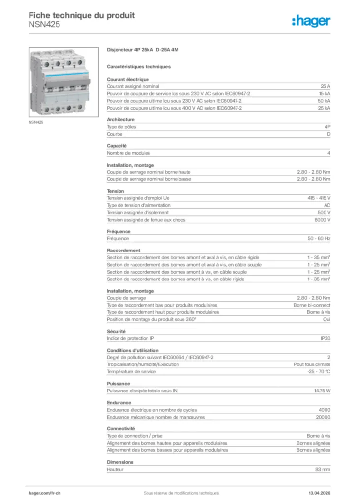 Image Hager Fiche technique du produit NSN425 | Hager Suisse