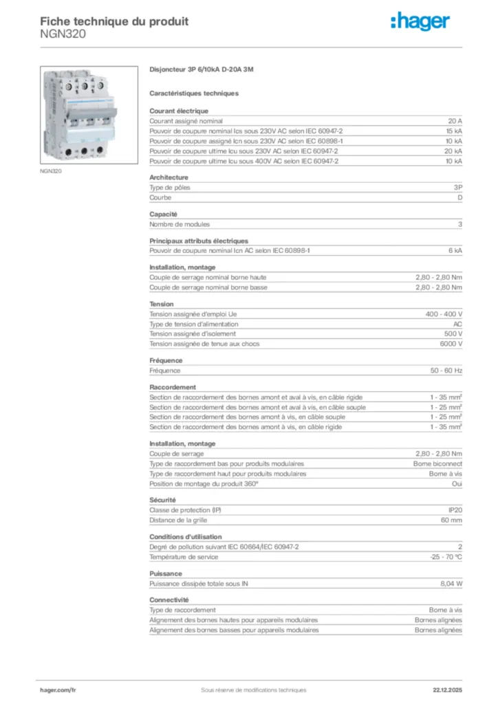 Image Hager Fiche technique du produit NGN320 | Hager France