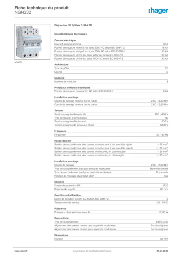 Image Hager Fiche technique du produit NGN332 | Hager France