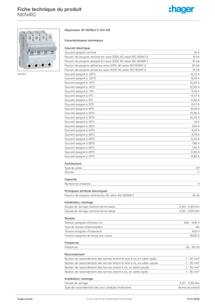 Image Hager Fiche technique du produit NKN410 | Hager France
