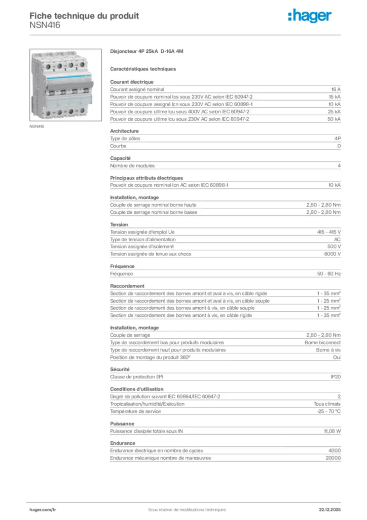 Image Hager Fiche technique du produit NSN416 | Hager France