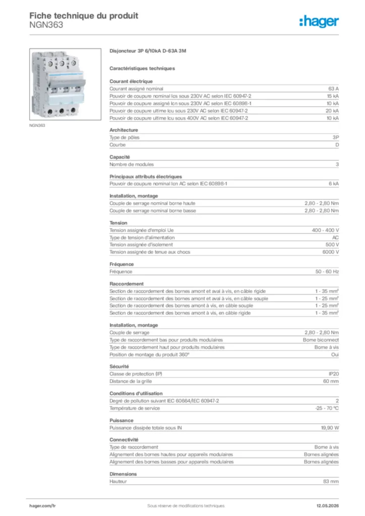 Image Hager Fiche technique du produit NGN363 | Hager France