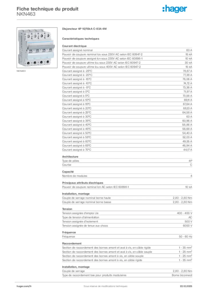 Image Hager Fiche technique du produit NKN463 | Hager France